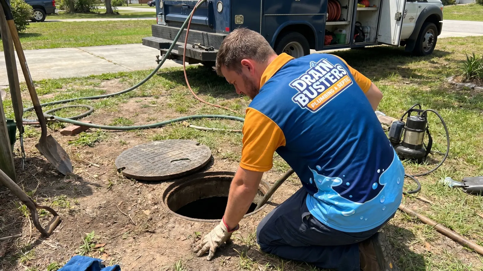 DrainBusters technician inspecting a drain line for drain cleaning in Mobile County.