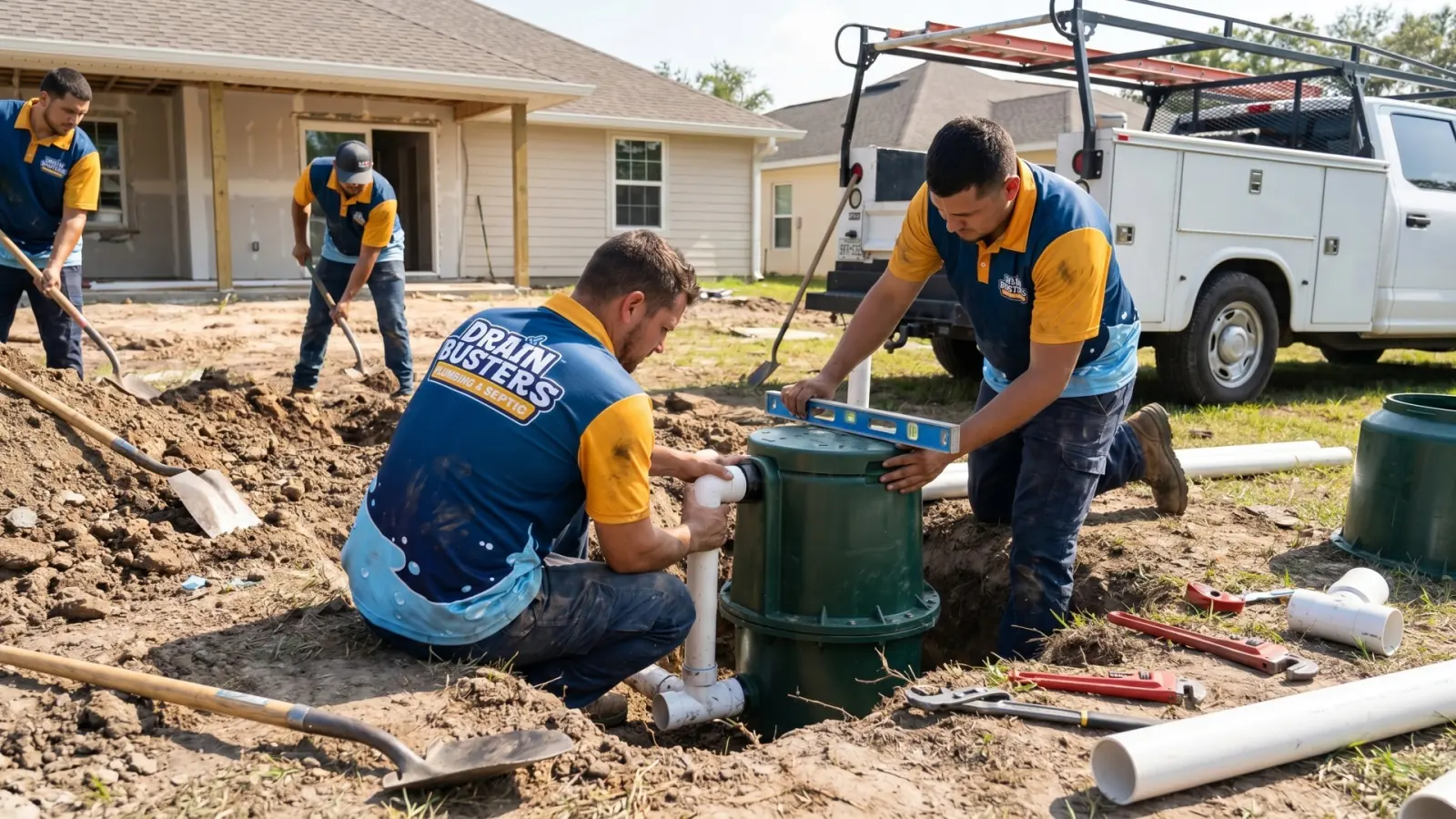 DrainBusters technician ready for local plumbing service work.