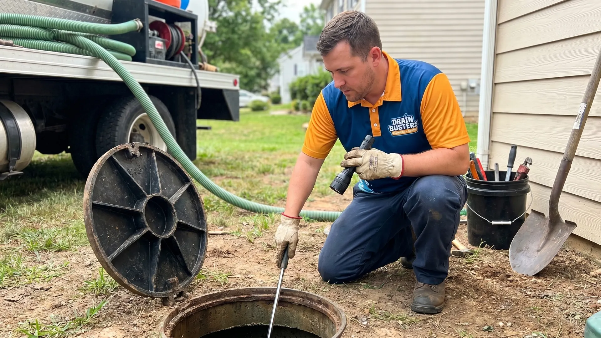 DrainBusters technician inspecting a septic access opening.