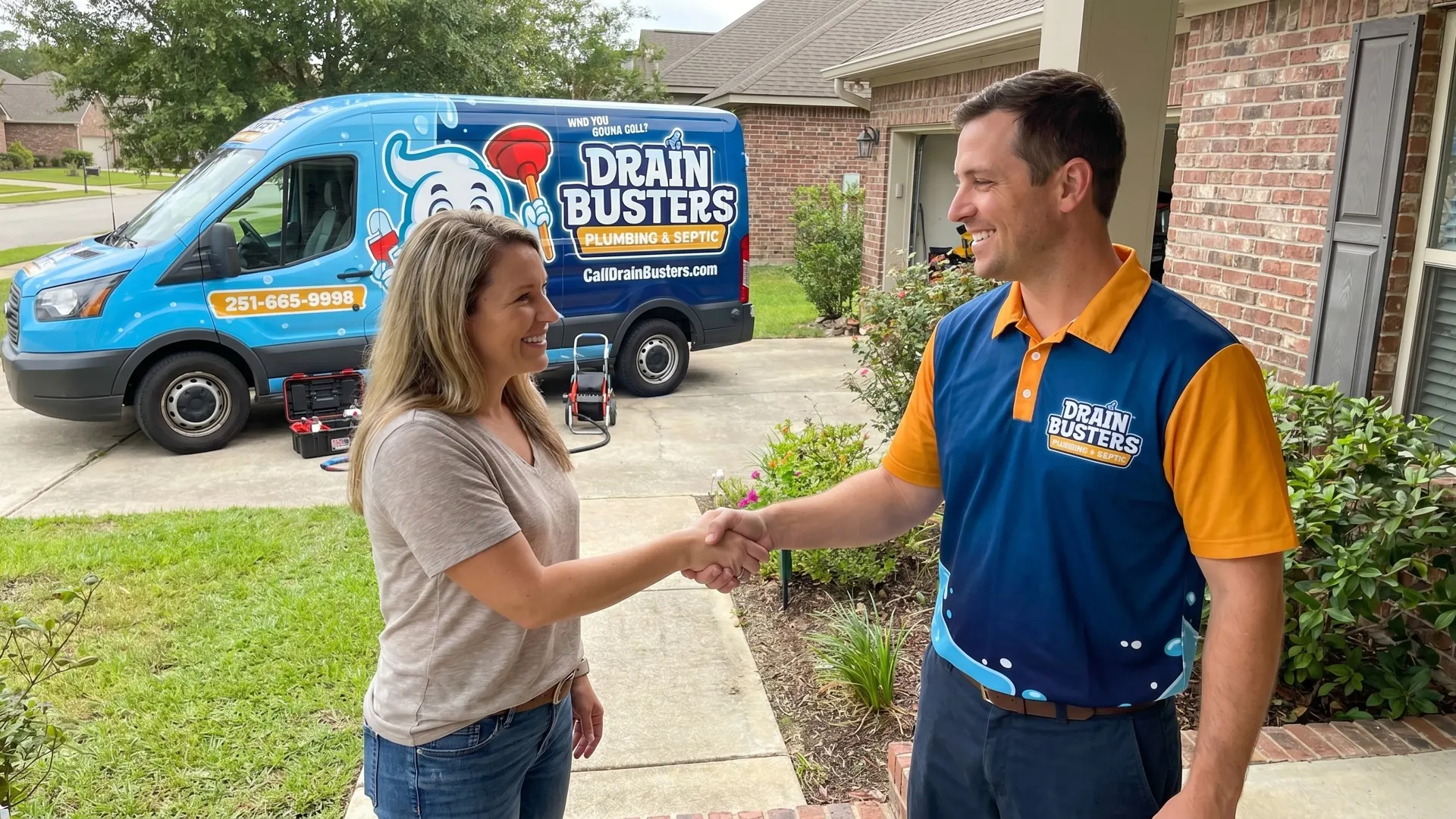 DrainBusters plumber discussing a plumbing repair and installation at a Mobile County property.
