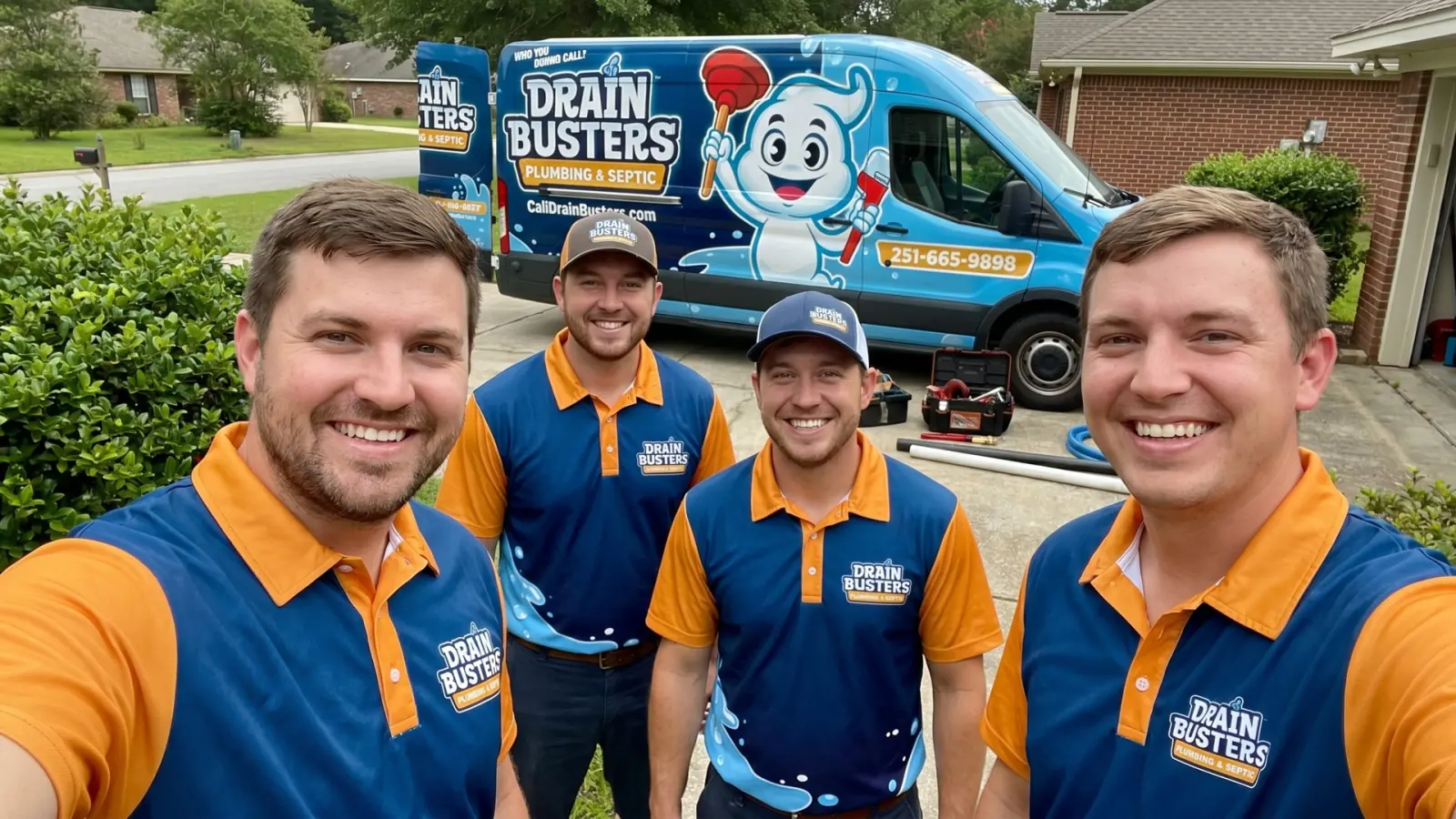 DrainBusters plumbing crew ready for an emergency repair call.