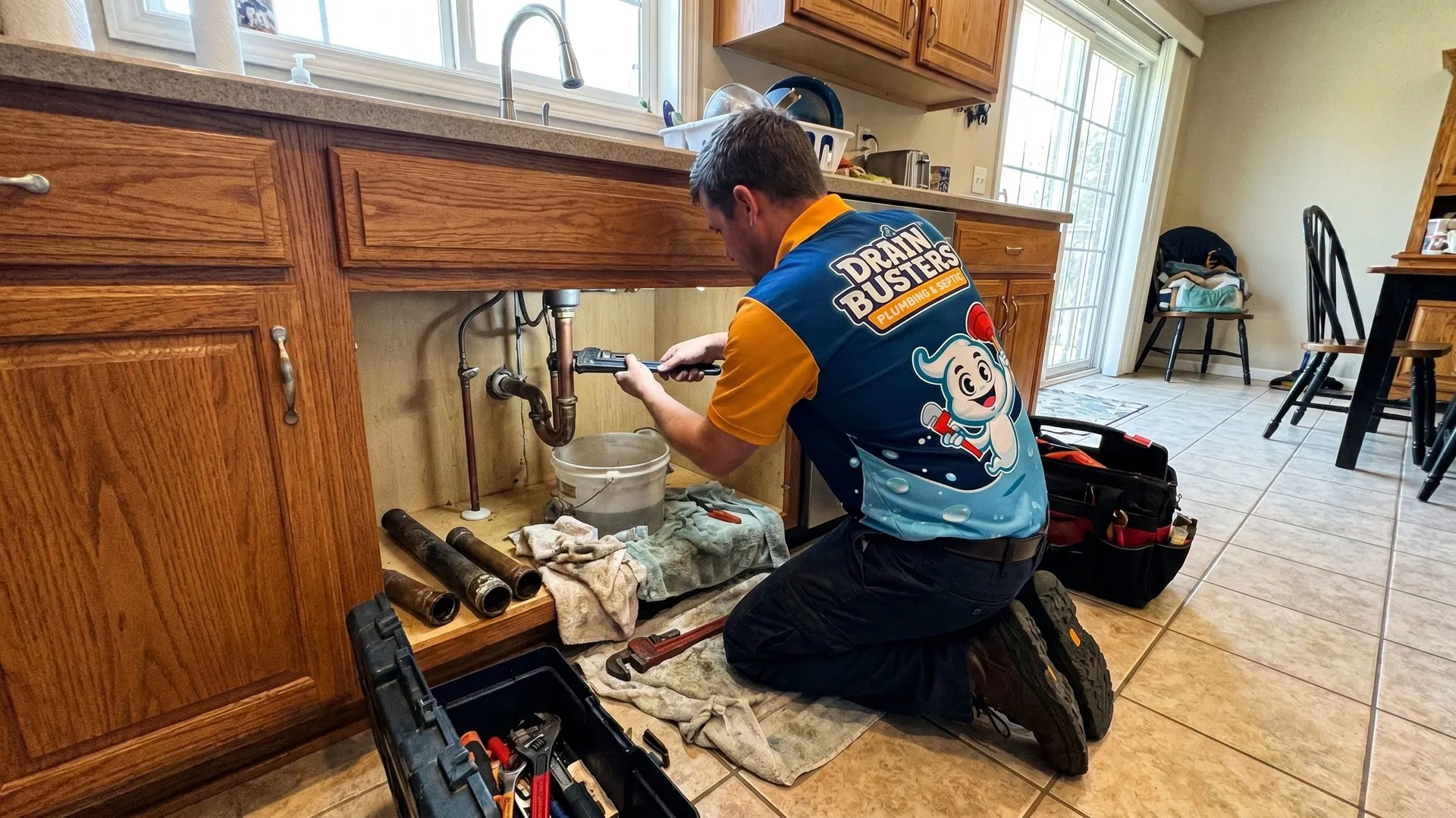 DrainBusters technician repairing pipe below a sink.