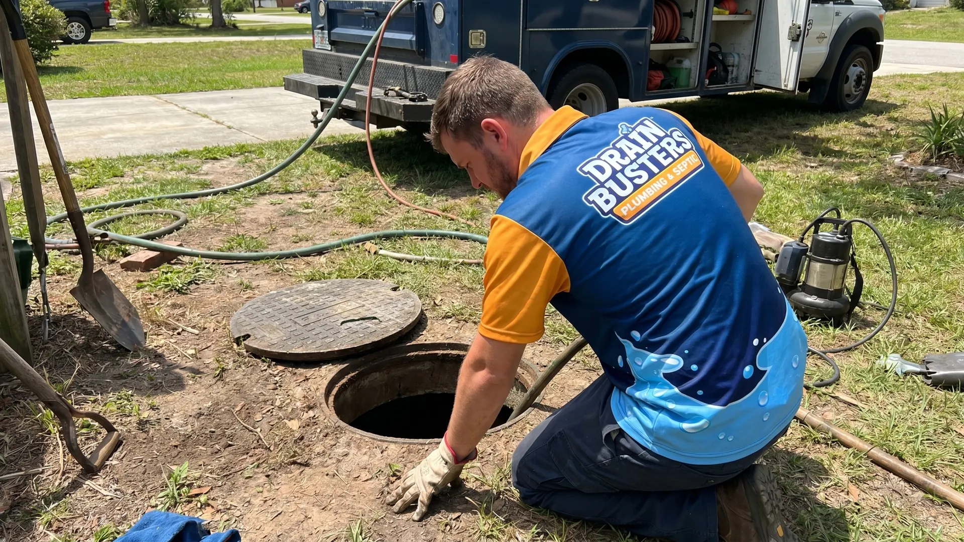 DrainBusters technician checking an outdoor drain cleanout before heavy rain season.