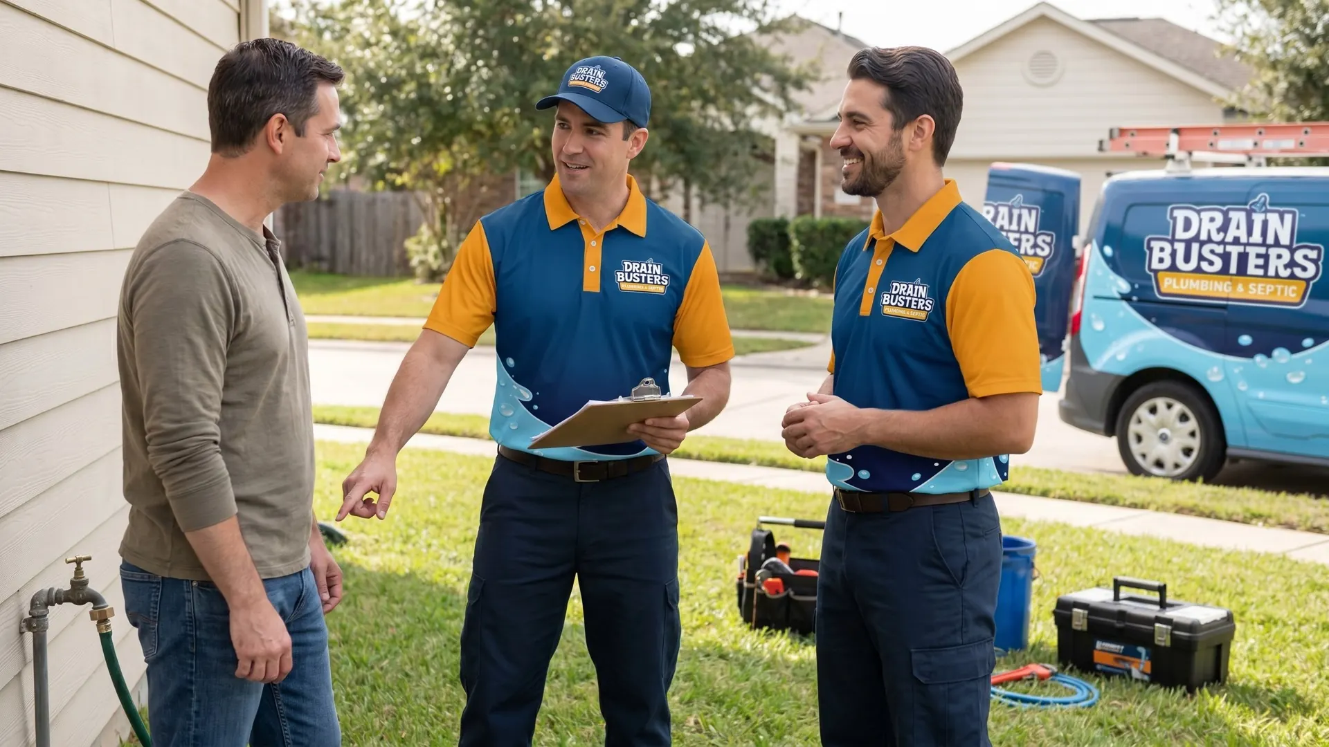 DrainBusters technicians discussing plumbing inspection concerns with a homeowner before a sale.