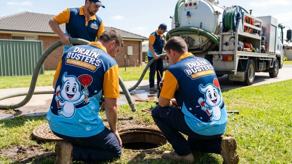 DrainBusters septic tank pumping service with a vacuum truck at a local property.